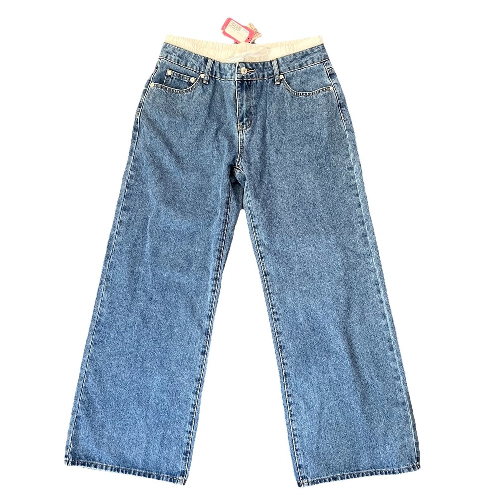 Edikted Jeans Womens Large Wide Leg Blue Denim High Rise Skater Y2K Boxer Skater